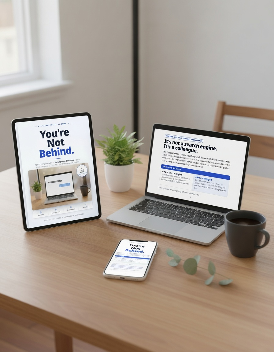 You're Not Behind — the complete AI work kit shown on a tablet, laptop, and phone: the guide, workbook, prompts, and templates