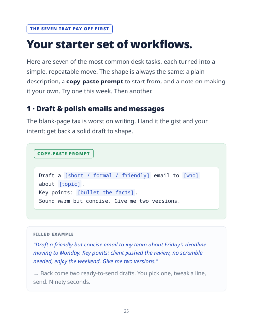 Guide page: your starter set of workflows with a copy-paste prompt